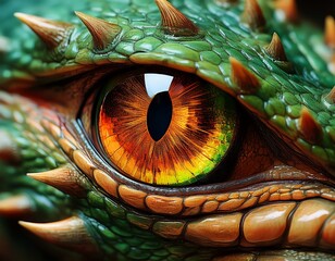 closeup of a vibrant scaly green dragons eye with a fiery orange and green iris showcasing intricate details of reptilian skin and sharp amber spikes