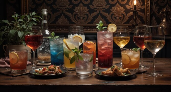 colorful cocktails and small plates on a dark wood table in a stylish bar setting.