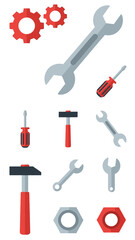 Obraz premium A collection of various hand tools and mechanical parts including wrenches, screwdrivers, hammers, gears, and nuts on a white background.