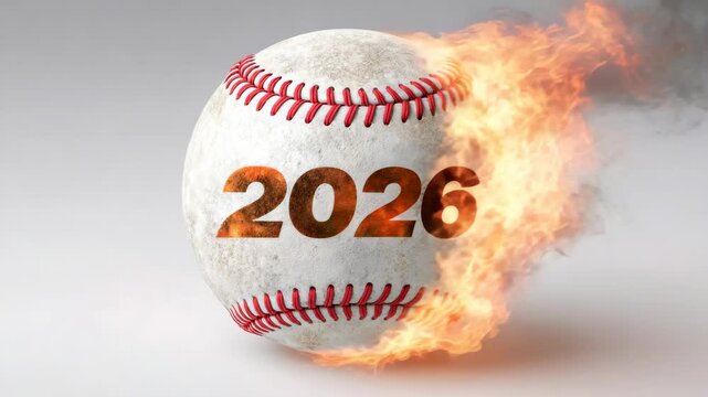 Flaming baseball with 2026 in fire symbolizing speed and excitement