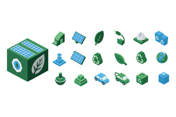 isometric eco green energy and sustainability icon set
