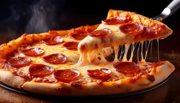 close up of a pepperoni pizza with one slice being lifted showing melted stretchy cheese and crispy golden crust
