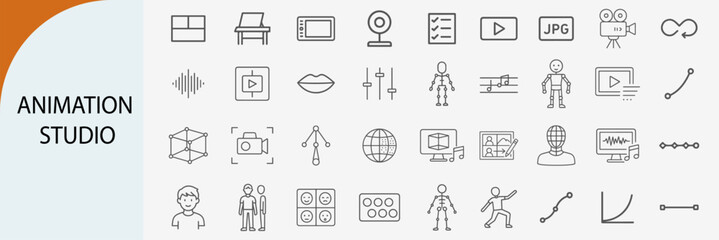 animation studio and video production icons, minimal line vector symbol set