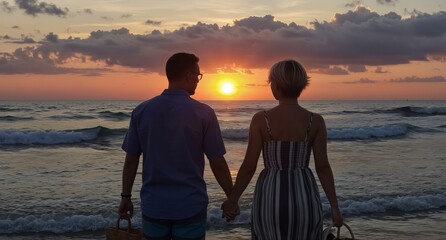 couple holding hands watching a vibrant sunset over the ocean on a tropical beach