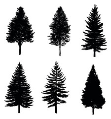 Fototapeta premium Black pine tree silhouettes set with six different shapes minimalist flat vector