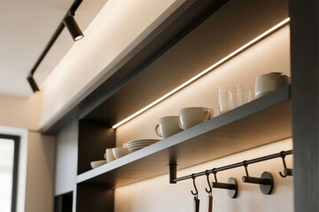 Modern kitchen shelving with built-in lighting and neatly arranged dishes