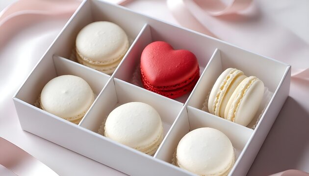 A box with sweets,White almond macaroons in an open box, one cake in the shape of a red heart, a symbol of love and tenderness, Valentine's Day, color of the year Cloud dancer
