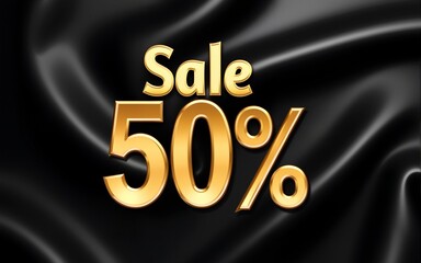 A golden "Sale 50%" sign on a black silk background, perfect for advertising and promotions. High quality