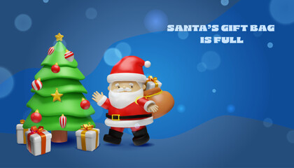 Festive 3D Christmas illustration Santa Claus with gifts Christmas tree on a blue background. Promotions, greeting cards, banners, social media posts, seasonal advertising, winter celebration designs.