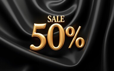 A golden "Sale 50%" sign on a black silk background, perfect for advertising and promotions. High quality