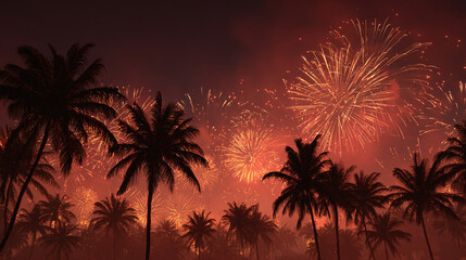 Fototapeta premium Fireworks display illuminating the night sky with palm trees in silhouette, a stunning scene of celebration