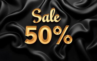 A golden "Sale 50%" sign on a black silk background, perfect for advertising and promotions. High quality