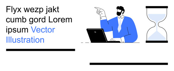 Time management, productivity, deadlines, business strategy, urgency, planning. A professional at a laptop pointing towards an hourglass. Time management and productivity concept