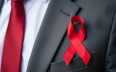 Close-up of a red ribbon pinned to a gray shirt, with a red tie in the background, symbolizing support and awareness. High quality