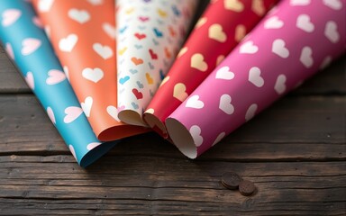 Colorful wrapping paper with heart patterns on dark wooden surface. High quality