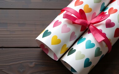 Colorful wrapping paper with heart patterns on dark wooden surface. High quality