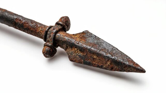 Rusty iron spearhead with patina and historical texture on white background