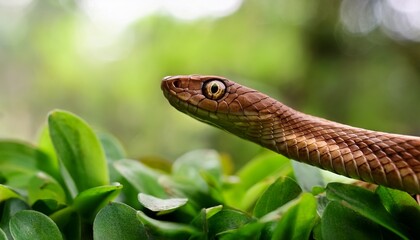a closeup profile of a small brown snake with a distinctive hornlike scale above its eye nestled among lush green foliage