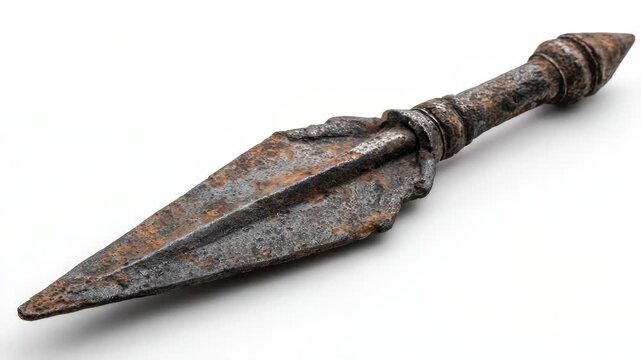 Ancient iron spearhead with rusty patina on white background