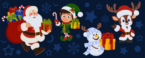 Festive Christmas collection featuring Santa with gifts, reindeer in Santa suit, an elf holding present and candy cane, and snowman with gift. Perfect for holiday banners, cards, and promotions