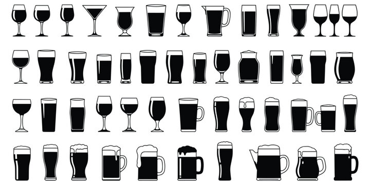 Assortment of black silhouette icons of various drinking glasses and beer mugs beverage alcohol