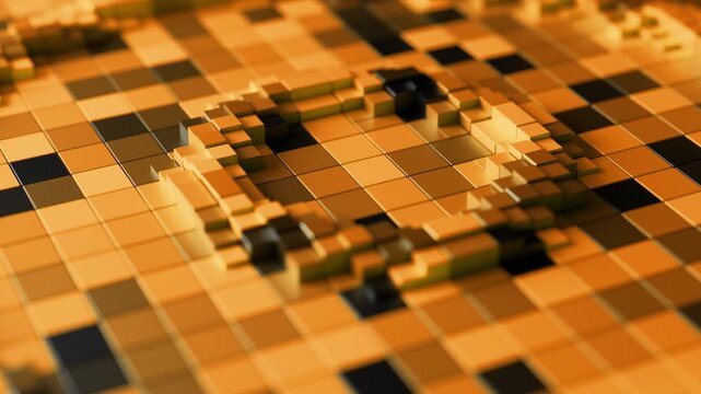 Golden Pixelated Circular Motion Looping 3D Background. 3D rendering