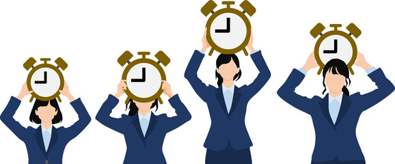 大きな時計を両手で持って掲げているビジネスウーマンのイラストセット