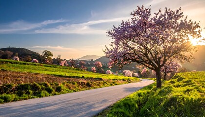 Scenic road winds through rolling hills dotted with flowering trees under a bright, clear sky at golden hour