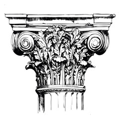 Naklejka premium Vintage Corinthian column illustration with acanthus leaves and volutes hand drawn outline illustration