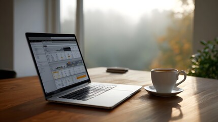 Fototapeta premium A laptop and coffee sit on a wooden table by a misty window at sunrise displaying financial data