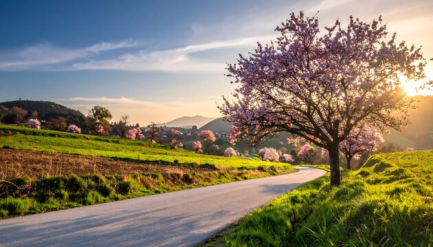 Scenic road winds through rolling hills dotted with flowering trees under a bright, clear sky at golden hour