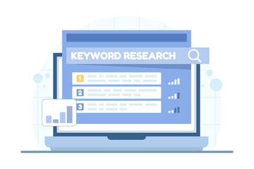 Keyword research and SEO strategy concept. Illustration for search engine optimization planning, content marketing, website growth, and digital marketing performance.