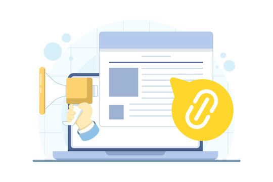 Guest post backlink strategy concept with laptop, megaphone, and chain icon. Vector illustration for SEO outreach, quality link building, and domain ranking growth.