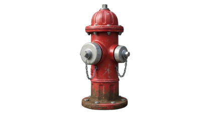 Red fire hydrant isolated on transparent background with metallic details and rusty base