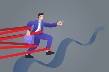 Businessman struggling to walk while wrapped in red tape ribbons. Concept of overcoming bureaucracy, strict regulations, and corporate restrictions to reach business success goal.