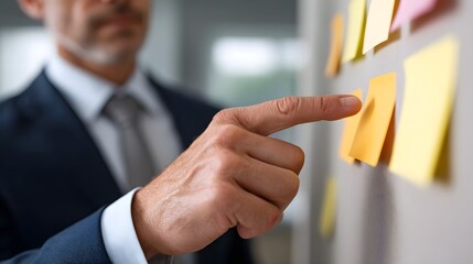 A businessman in a suit points his finger at colorful sticky notes arranged on a wall board signifying planning and strategy
