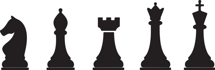 PrintChess pieces silhouette illustration, strategic game icons showing knight bishop rook queen and king
