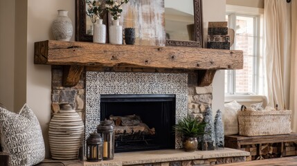 Fototapeta premium Medium shot of a fireplace mantel with eclectic decor blending traditional patterns and rustic materials offering a unique and inviting focal point.