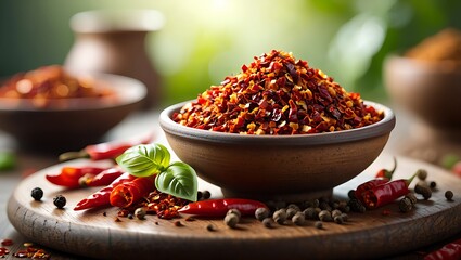 Spicy red chili flakes in a wooden bowl