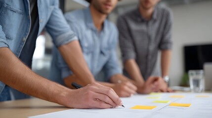 Team of professionals collaborating on a project plan with sticky notes and documents
