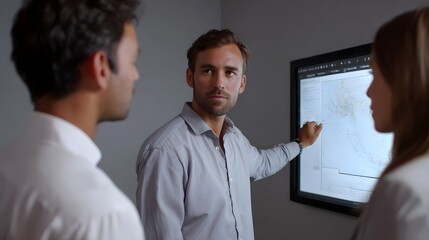 Business professionals engage in a meeting pointing at a digital screen displaying a map or complex data analysis
