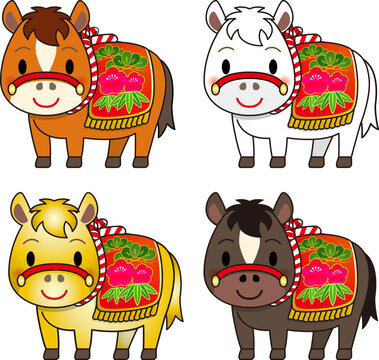 かわいい十二支の馬のアイコンイラストセット。Horse icon illustration
午（赤毛・白毛・金色・黒毛）