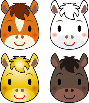 かわいい十二支の馬の顔のアイコンイラストセット。Horse icon illustration
午（赤毛・白毛・金色・黒毛）