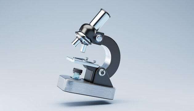 3D microscope icon hovering with metallic and glass textures, subtle reflections, isolated on a clean white background for science and laboratory concepts.