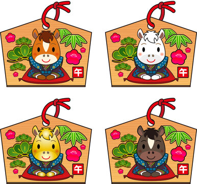 裃を着て新年の挨拶をする、かわいい十二支の馬の絵馬アイコンイラストセット。Horse icon illustration
午（赤毛・白毛・金色・黒毛）