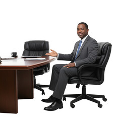 Confident Business Executive Seated at Conference Table Presenting a Modern Corporate Office Setup with Laptop, Documents, and Professional Meeting Environment on Transparent Background.