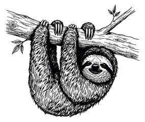 Obraz premium Vintage sloth illustration hanging on tree branch black and white line art
