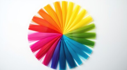 Bright synthetic hair extensions fanned out in a colorful radial layout