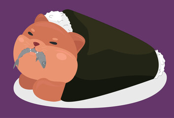 Cute bear wrapped like sushi, resting peacefully. Adorable cartoon illustration with a cozy and humorous style.