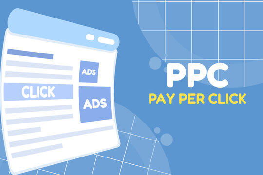 PPC advertising concept showing pay-per-click digital marketing. Illustration for online ads, banner campaigns, contextual advertising, and advertiser click payments.